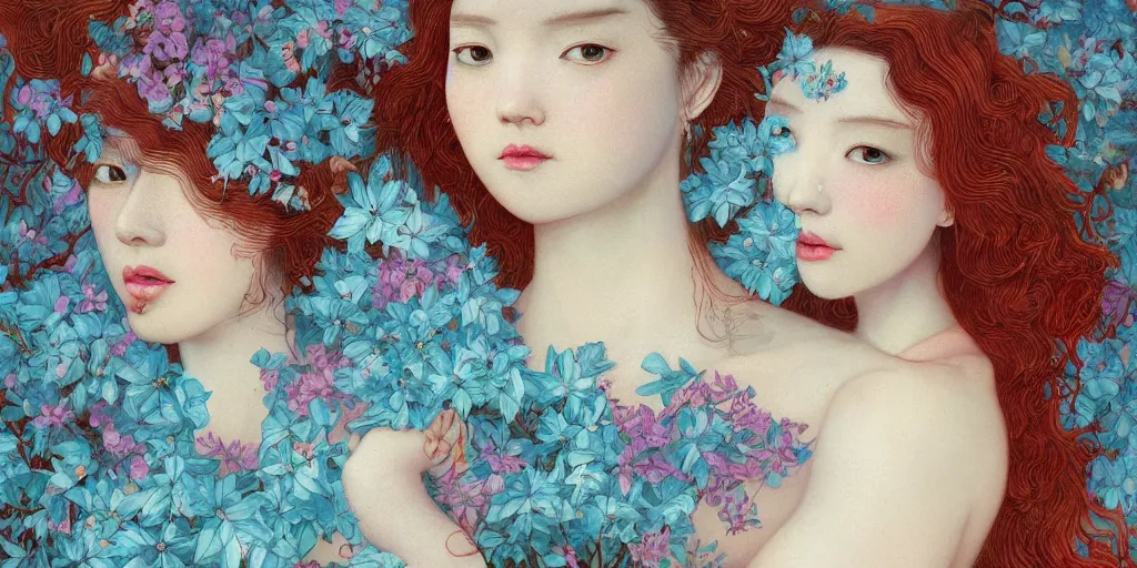 Image similar to breathtaking detailed concept art painting blend of two redhair goddess of light blue flowers by hsiao - ron cheng with anxious piercing eyes, vintage illustration pattern with bizarre compositions blend of flowers and fruits and birds by beto val and john james audubon, exquisite detail, extremely moody lighting, 8 k