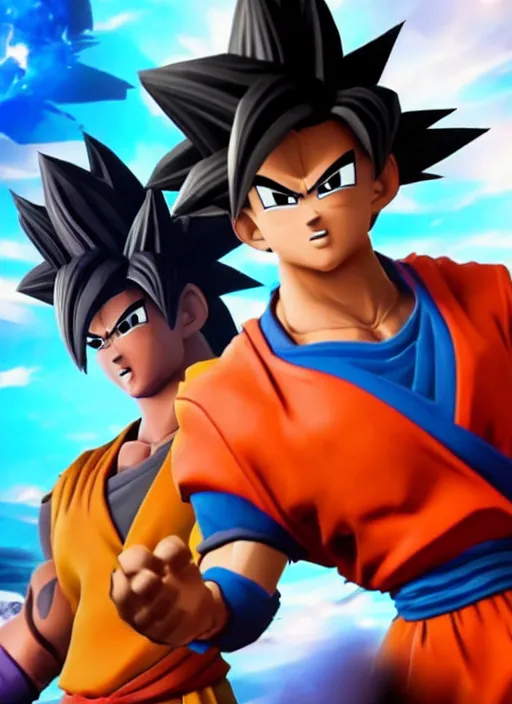 Image similar to game still of a sayan goku as a fortnite skin in fortnite by fortnite, pose.