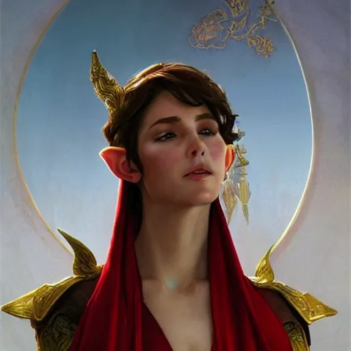 Prompt: statuesque elf resting, short hair, red and gold clothes, sharp focus, intricate, smooth, ultra realistic digital art, d & d, high fantasy, pointed ears, elegant, by artgerm, greg rutkowski, raymond swanland, alphonse mucha