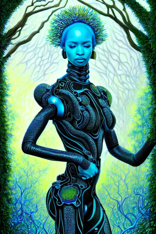 Image similar to hyperrealistic post - lowbrow super gorgeous! black woman with exoskeleton armor, merging with tree in a forest, highly detailed digital art masterpiece smooth cam de leon hannah yata dramatic pearlescent blue teal light ground angle hd 8 k sharp focus