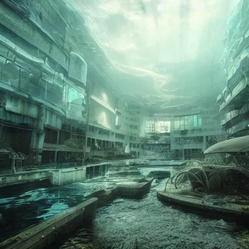 Prompt: An abandoned city center under water, horror, liminal, hyper detailed, dramatic lighting, CGsociety, realistic, fish, hyper detailed, insane details, intricate, dramatic lighting, hypermaximalist, golden ratio, rule of thirds, octane render, weta digital, micro details, ultra wide angle, Artstation trending, 8k,