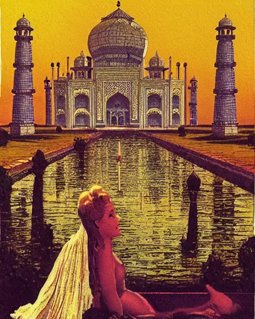 Prompt: tuesday weld visits the taj mahal by virgil finlay