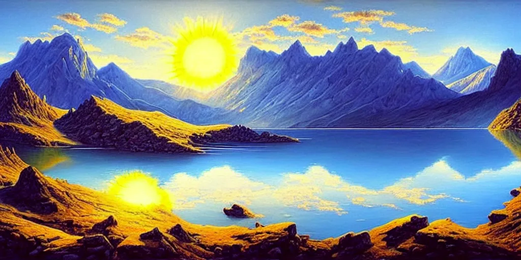 Prompt: a beautiful landscape, sun rises between two mountains, a lake in between the mountains, blue sky, cloudy, painting by john stephans, extremely detailed, hyper realism
