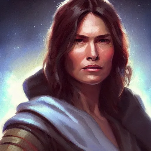 Prompt: portrait of a woman by greg rutkowski, old jedi master jaina solo, star wars expanded universe, she is about 6 0 years old, highly detailed portrait, digital painting, artstation, concept art, smooth, sharp foccus ilustration, artstation hq