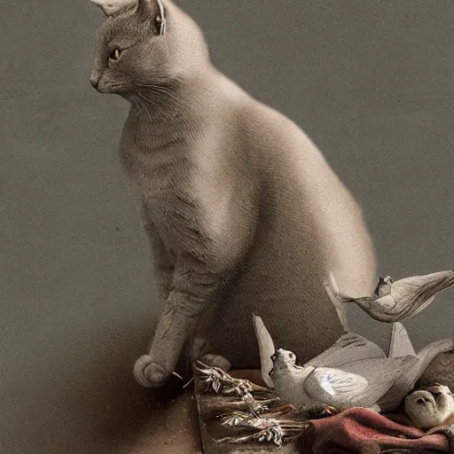 Prompt: cat playing with the dove of peace, photorealistic, detailed