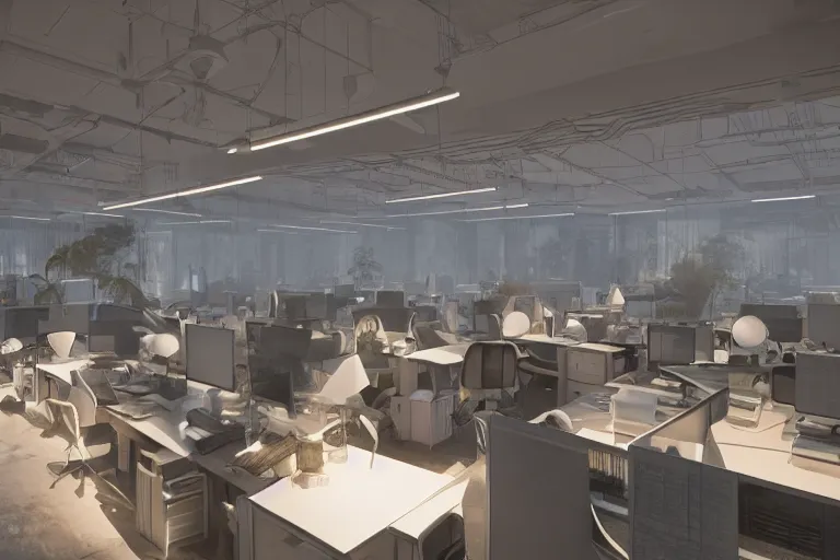 Prompt: the most amazing dream you ever had about hectic office interior, hyper realistic, ambient lighting, concept art, intricate, hyper detailed, smooth, dynamic volumetric lighting, octane, cinematic