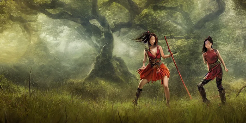 Image similar to An epic fantasy comic book style landscape painting of a young beautiful chinese girl holding a katana in a field of raining forest surrounded by bambok, unreal 5, DAZ, hyperrealistic, octane render, cosplay, dynamic lighting