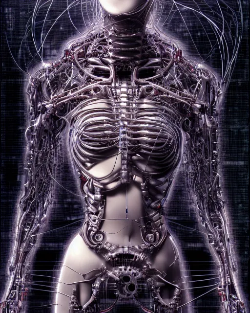 Prompt: portrait photo of a biomechanical torso of a cyborg plugged into a quantum computer with cables and wires and optic fibers. cyberpunk horror style. art by luis royo. highly detailed 8 k. intricate. nikon d 8 5 0 5 5 mm. award winning photography.