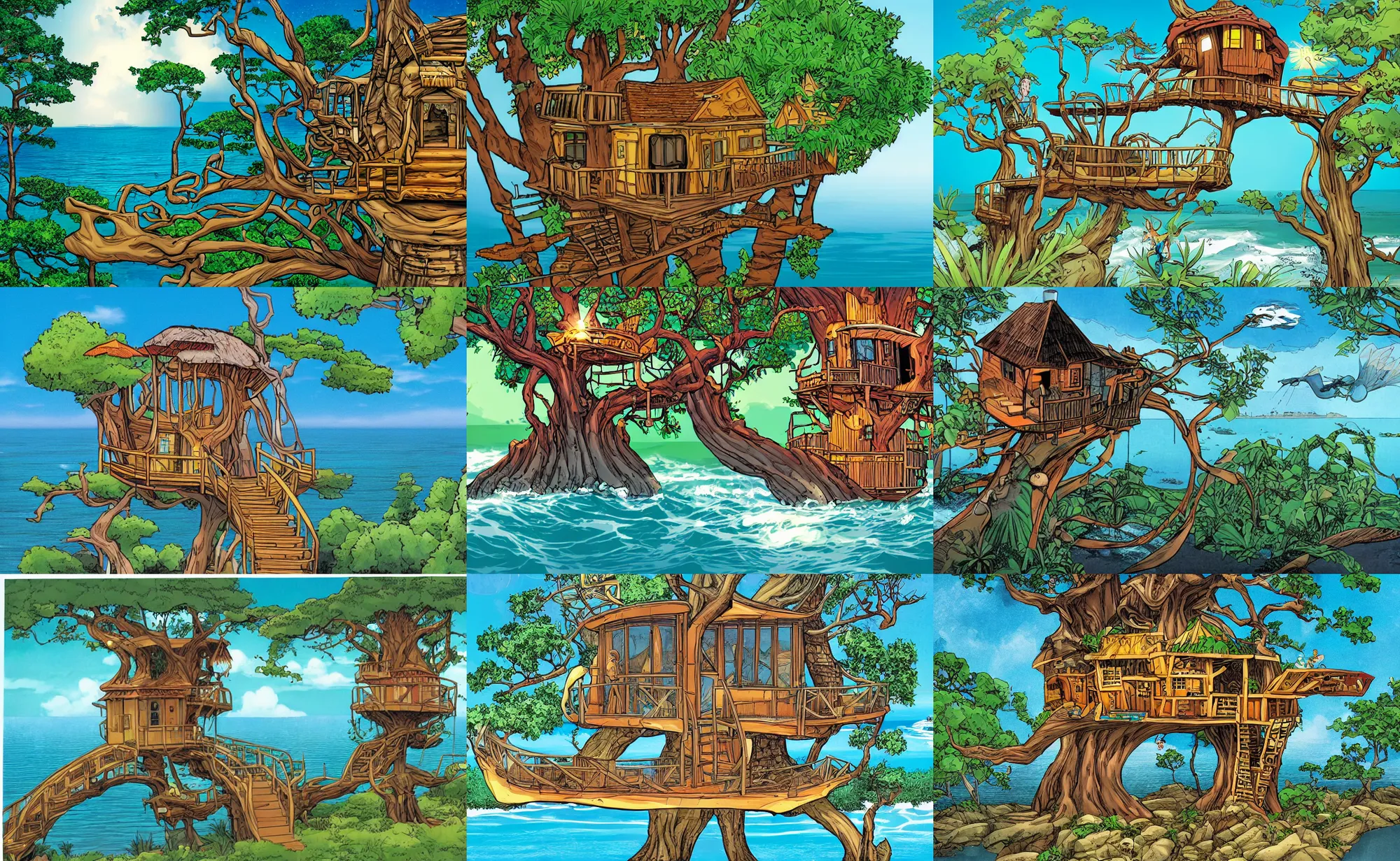 Prompt: comic book panel of a mystical island treehouse on the ocean