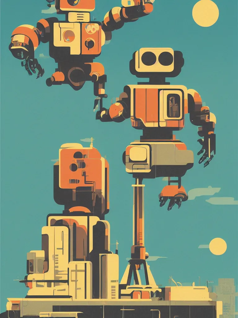 Prompt: tom whalen poster illustration of a large retro science fiction robot towering above a suburban neighbourhood, vintage muted colors, some grungy markings