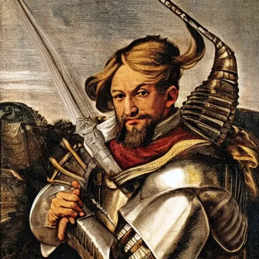 Prompt: donald trump, wearing knight ’ s armor, holding a spectacular broadsword, by annibale carracci, two arms, two legs, symmetrical face, detailed face