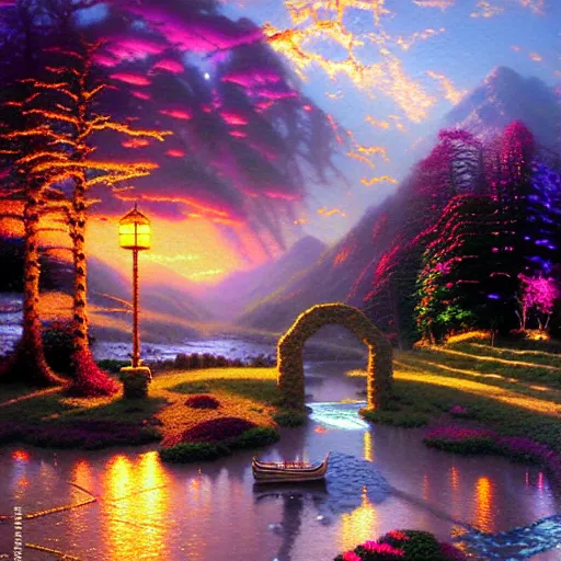 Prompt: ethos of ego. mythos of id. by thomas kinkade, hyperrealistic photorealism acrylic on canvas