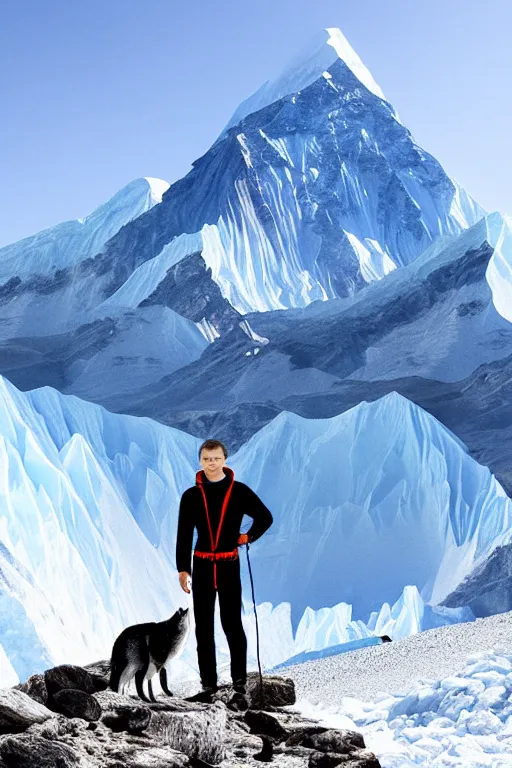 Image similar to vitalik buterin mountain climbing everest with wolves in pijamas