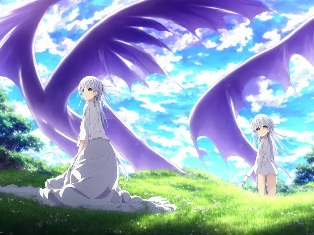 Prompt: anime art full body portrait character concept art, be surrounded by a huge silver white dragon center, in white clouds fairyland, anime key visual of violet evergarden, finely detailed perfect face delicate features directed gaze, laying down in the grass at sunset in a valley, trending on pixiv fanbox, violet evergarden, studio ghibli, xision, extremely high quality artwork