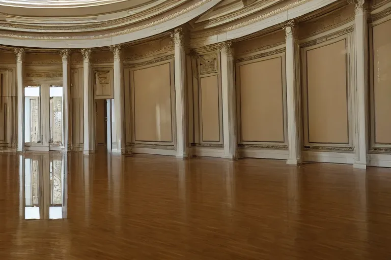 Prompt: long view, empty room in style of classicism, standing reflection cube reflect room