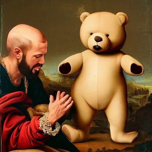 Prompt: A renaissance painting of Kanye West with a anthropomorphic Teddy Bear mascot, painting,
