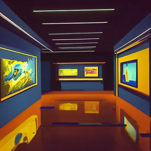 Image similar to low light museum, sparse room, black walls, dark lighting, blue oled lights in corners, soft neon lights, dark showroom, cel - shading, 2 0 0 1 anime, flcl, jet set radio future, the world ends with you, kid a, cel - shaded, strong shadows, vivid hues, y 2 k aesthetic, art by artgerm