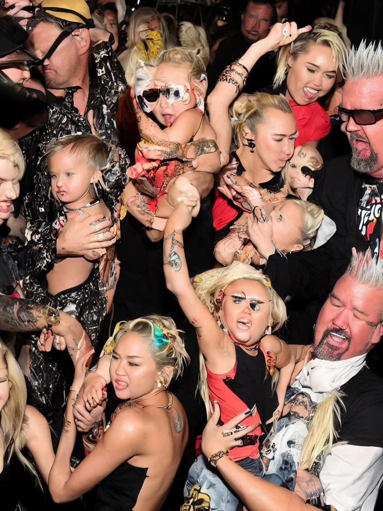 Image similar to olivia munn and miley cyrus and guy fieri holding their baby in a mosh pit