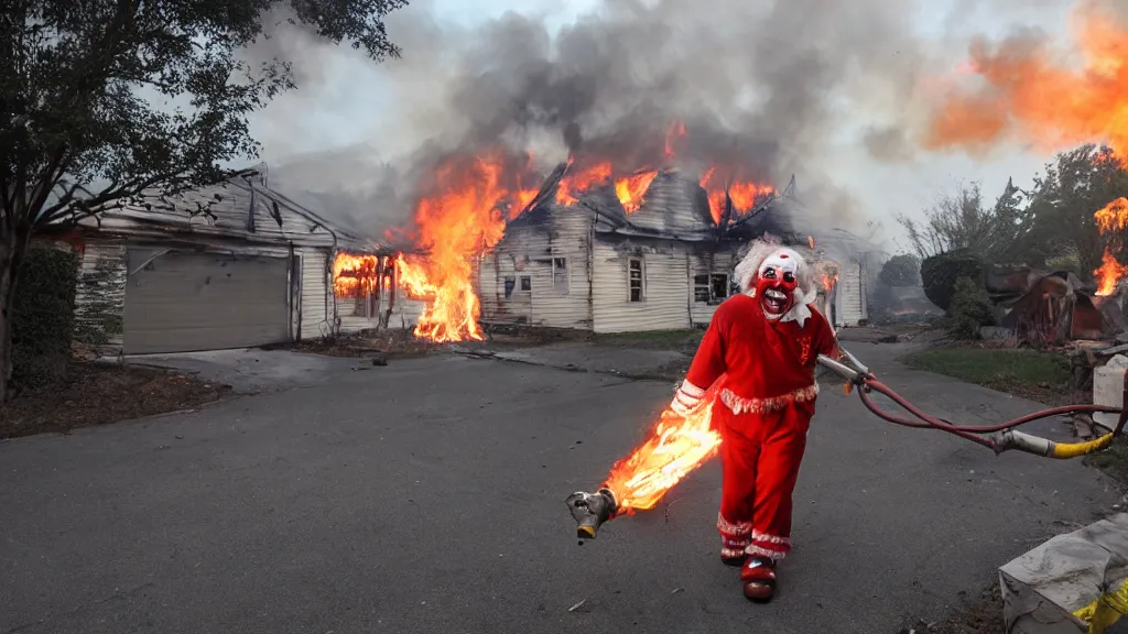 Prompt: photo of a clown using a flamethrower. In the background there is a house fire. Daylight. award-winning, highly-detailed, 8K