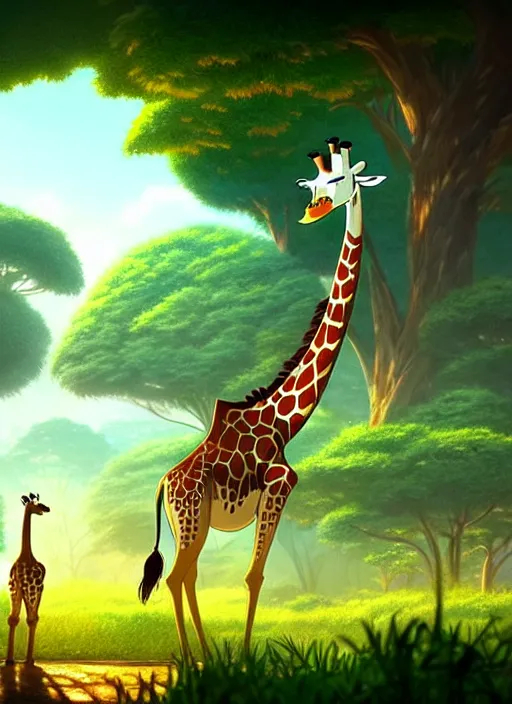 Image similar to a wholesome animation key shot of a giraffe, jungle in the background, studio ghibli, pixar and disney animation, sharp, rendered in unreal engine 5, anime key art by greg rutkowski, bloom, dramatic lighting