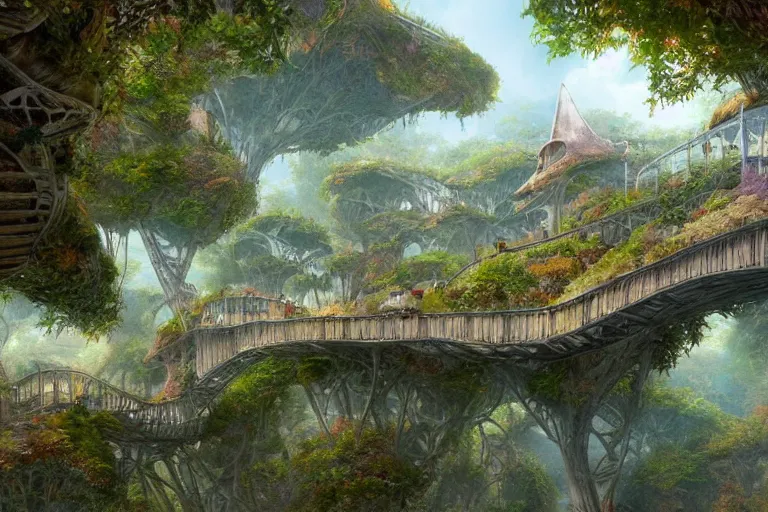 Image similar to one point perspective fantasy treetop village bridge view by artgerm and Craig Mullins, James Jean, Andrey Ryabovichev, Mark Simonetti and Peter Morbacher 16k