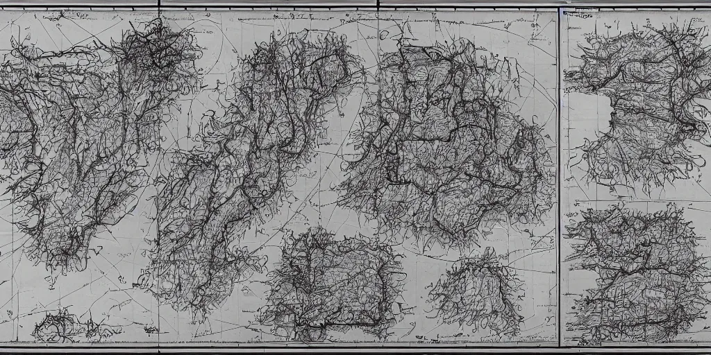 Image similar to technical drawing of dolomites and tyrolean folklore masks, multiple layers, detailed map, notes, roadmap, stylized, blueprint, black and white, old, erosion