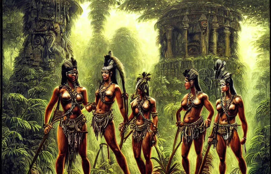 Prompt: a painting of amazonian warriors, standing in a jungle temple, grimdark, style of john blanche