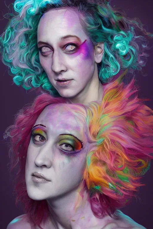 Image similar to hyperdetailed portrait of kristen schaal as delirium of the endless, colourful make up, the sandman, made by caravaggio stanley artgerm lau wlop rossdraws artstation cgsociety concept art cgsociety octane render