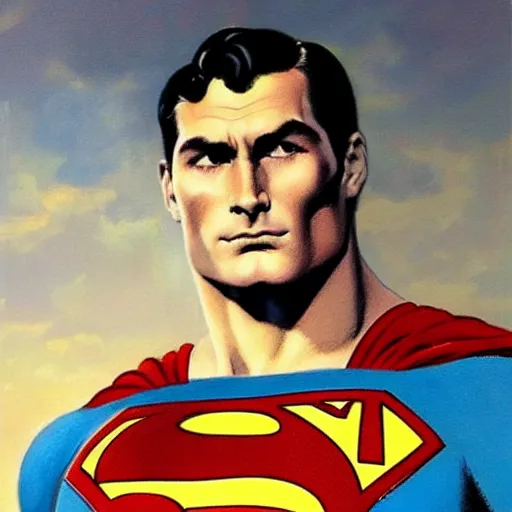 Image similar to an ultra - realistic portrait painting of superman in the style of frank frazetta. 4 k. ultra - realistic. highly detailed. dark fantasy. epic lighting.