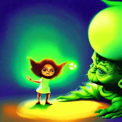 Image similar to curled perspective digital art of curly brown hair baby girl playing ball with yoda by anton fadeev from nightmare before christmas