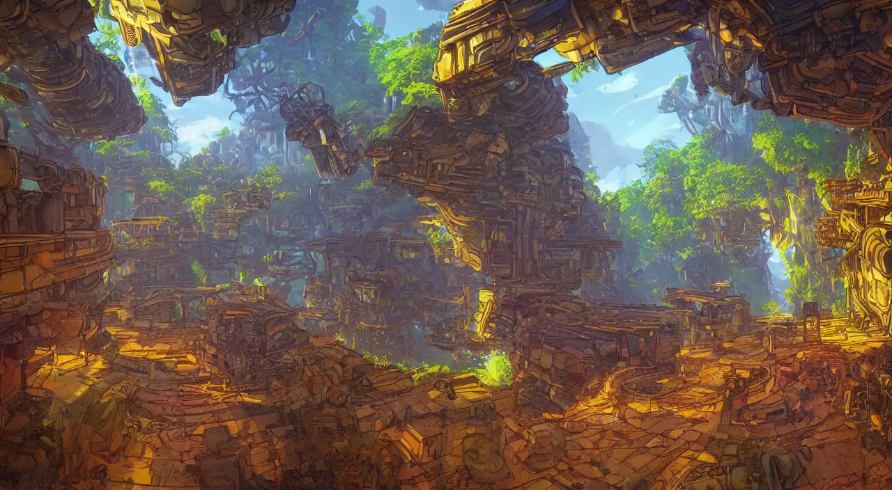 Image similar to open door wood wall fortress airship greeble block amazon jungle on portal unknow world ambiant fornite colorful radiating a glowing aura global illumination ray tracing hdr that looks like it is from borderlands and by feng zhu and loish and laurie greasley, victo ngai, andreas rocha, john harris