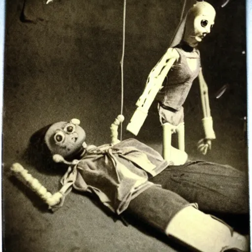 Image similar to female alive, creepy marionette puppet, horrific, unnerving, clockwork horror, pediophobia, lost photograph, dark, forgotten, final photo found before disaster, human laying unconscious in the background, polaroid,