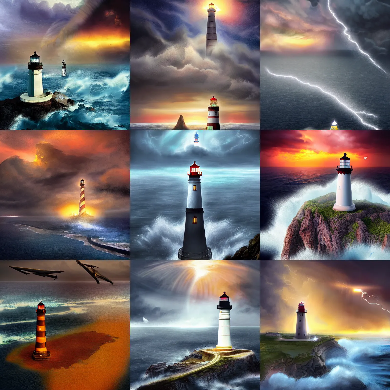 Prompt: huge lighthouse, night sea storm, sunset, godrays, looking from airplane above, fantasy digital art, heroic, fight, in style of kyrill kotashev, will murai, tia masic