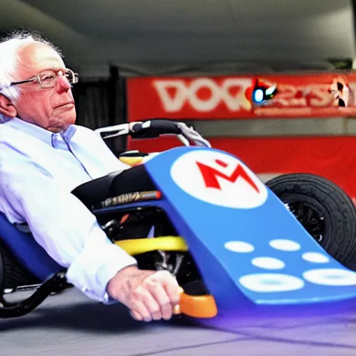 Prompt: Bernie Sanders playing Mario Kart