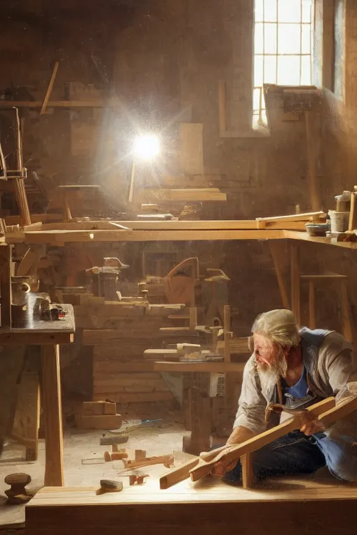 Image similar to simple craftsman fine woodworker building a wooden table in their well lit clean open workshop, thomas lawrence, greg rutkowski