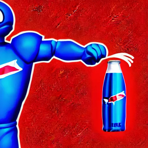 Prompt: Pepsiman is throwing cans of pepsi at elderly woman. digital art