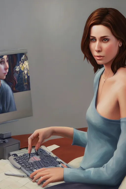 Prompt: lauren playing the sims 4, oil on canvas, intricate, portrait, 8 k highly professionally detailed, hdr, cgsociety