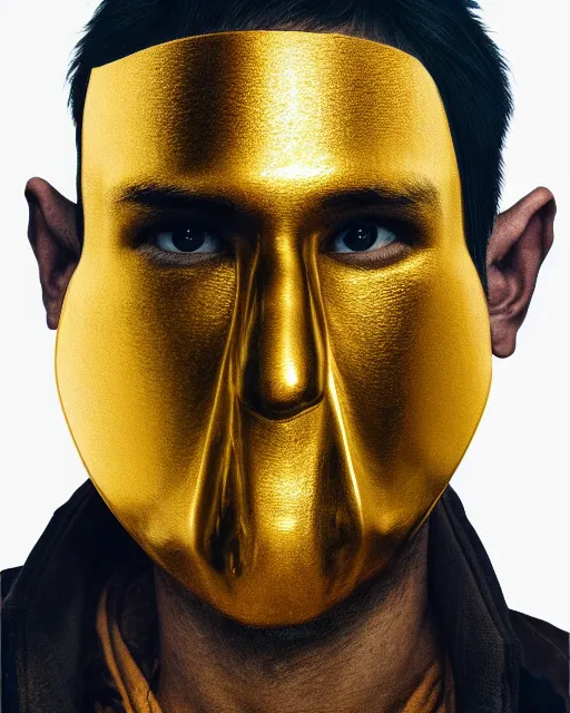 Image similar to acrylic portrait of man with a golden mask, photorealistic, shaded, cinematic lighting, high production value, intricate details, high resolution, hdr, high definition, masterpiece, realistic, ultrarealistic, highly detailed, hd, sharp focus, non blurry, sharp, smooth