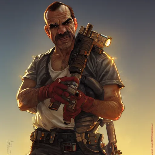 Image similar to trevor philips as yoshi, one eye red, vulcaon machine gun, cigar, highly detailed, digital painting, artstation, concept art, smooth, sharp focus, illustration, art by artgerm and greg rutkowski and alphonse mucha