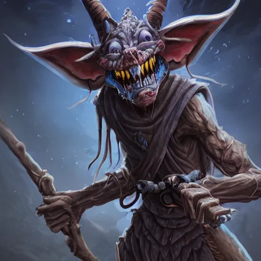 Image similar to a highly detailed goblin with grey skin and blue eyes that glow, in a dust storm, like magic the gathering, goblin chainwalker,, digital art, by christopher rush