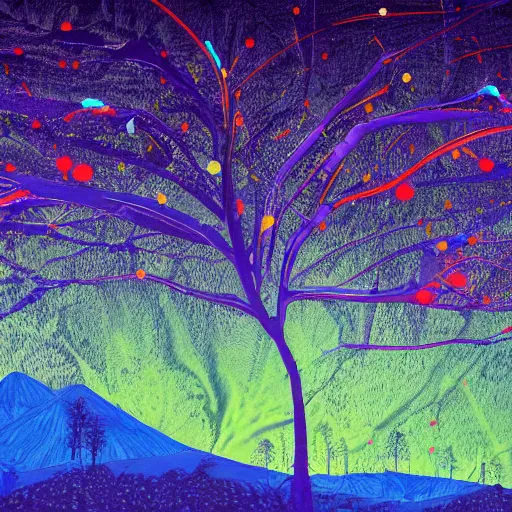 Prompt: mind exploration, vivid abstract landscape, mountains in background, trees that looks like neurons, main path is visible and energetic, large scale dimentional photo