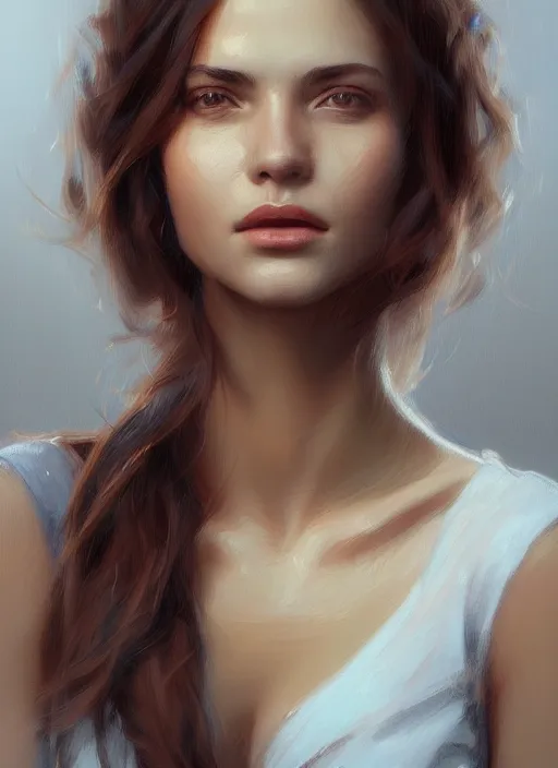 Image similar to portrait of a gorgeous young woman in the style of stefan kostic, artstation, concept art, realistic photo, sharp focus, 8k high definition, insanely detailed, intricate, elegant