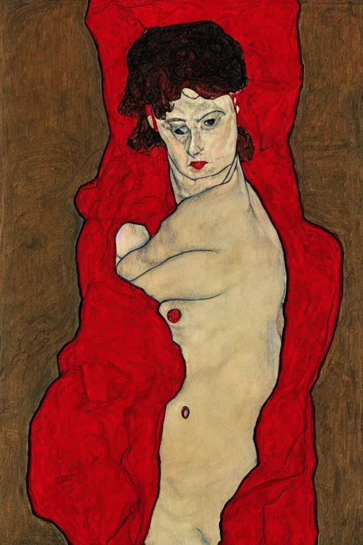 Prompt: drawing portrait of woman half covered by red fabric by Egon Schiele