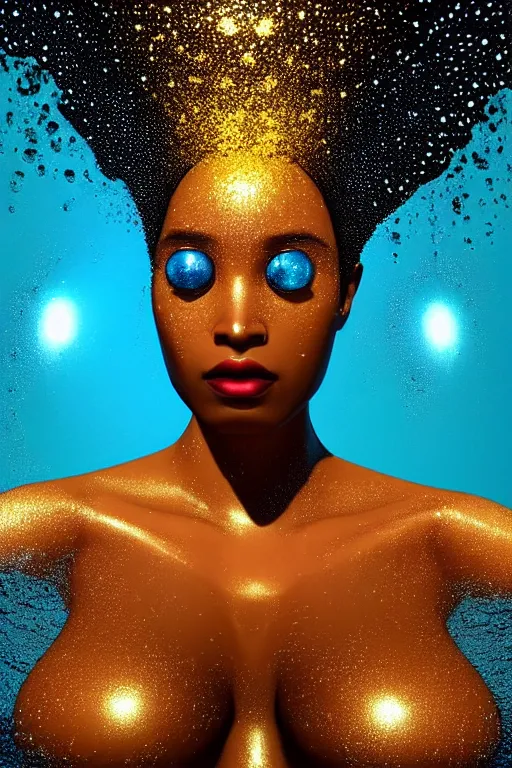 Image similar to hyperrealistic post - futurist cinematic profile very expressive! black oshun goddess, in water! up to shoulders, mirror dripping droplet!, gold flowers, highly detailed face, digital art masterpiece, smooth eric zener cam de leon, dramatic pearlescent turquoise light on one side, low angle uhd 8 k, shallow depth of field