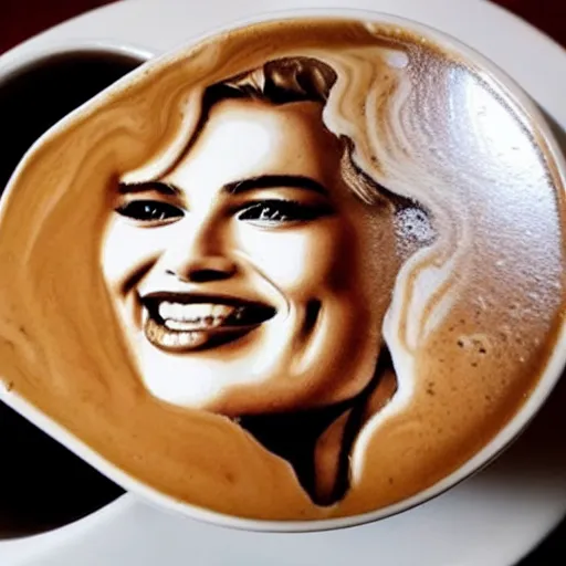 Image similar to photo of a cup of coffee with latte art in the shape of a margot robbie, highly detailed