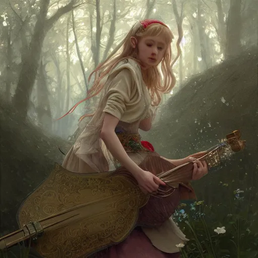 Image similar to elf fairy with a lute wearing a cardigan, blonde, highly detailed, intricate, digital painting, artstation, sharp focus, illustration, art by jakub rozalski, greg rutkowski, artgerm, tan zi and ayanamikodon and alphonse mucha and wlop