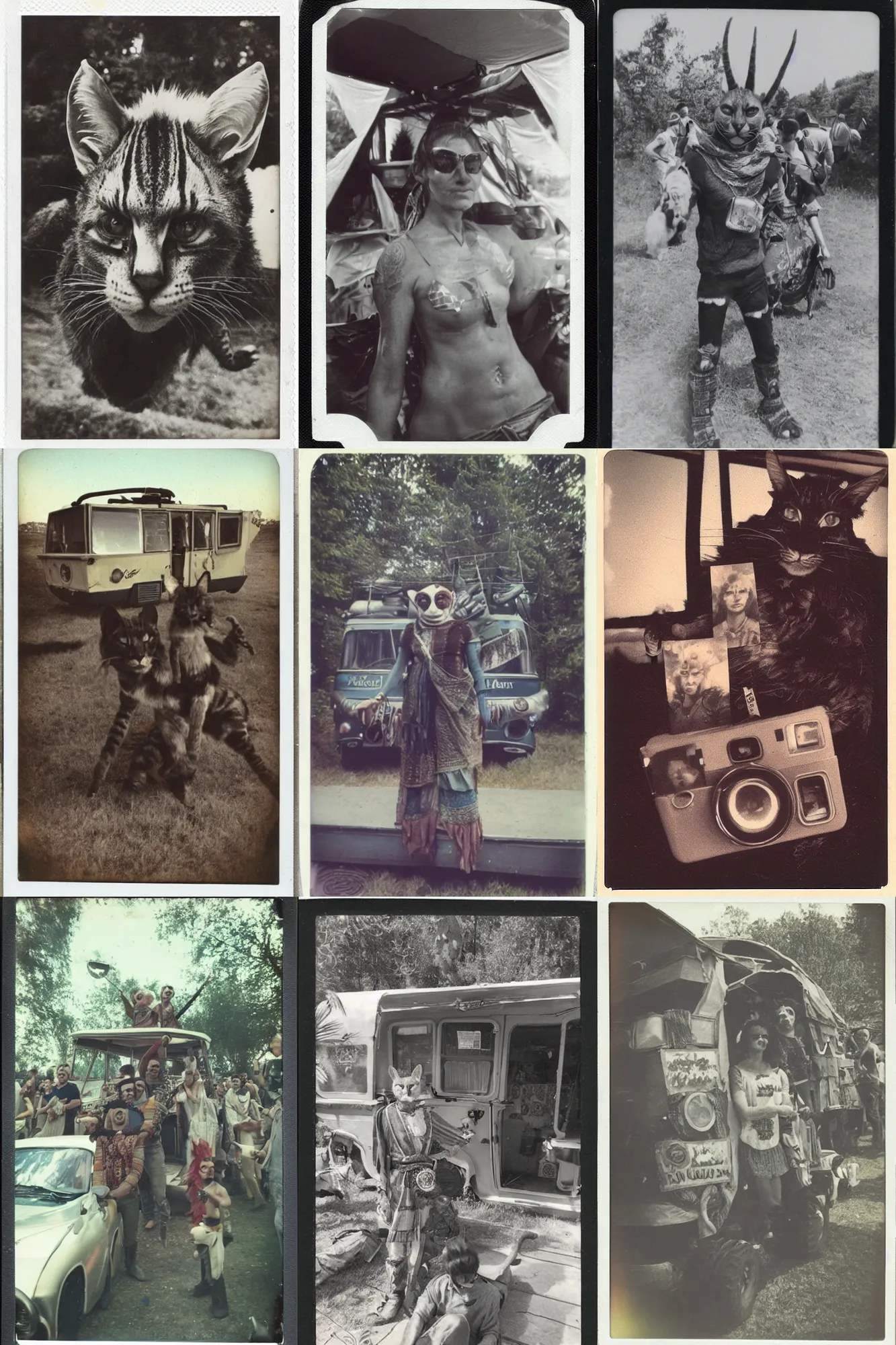 Prompt: Polaroid photo of a Khajiit caravanner, 1960's, Summer of Love