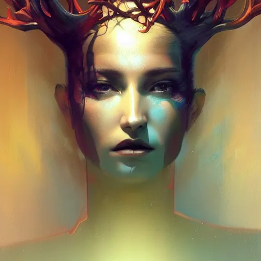 Prompt: a dramatic portrait of a woman showing affection to deer, cinematic lighting, symmetric face by karol bak, christopher balaskas