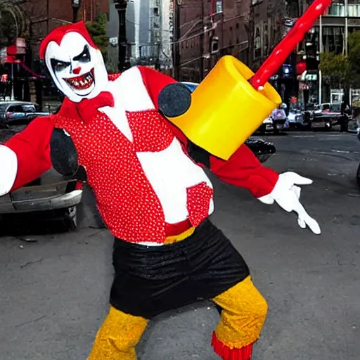 Image similar to Giant Evil Jester Clown Smashing a city with polka dot hammer