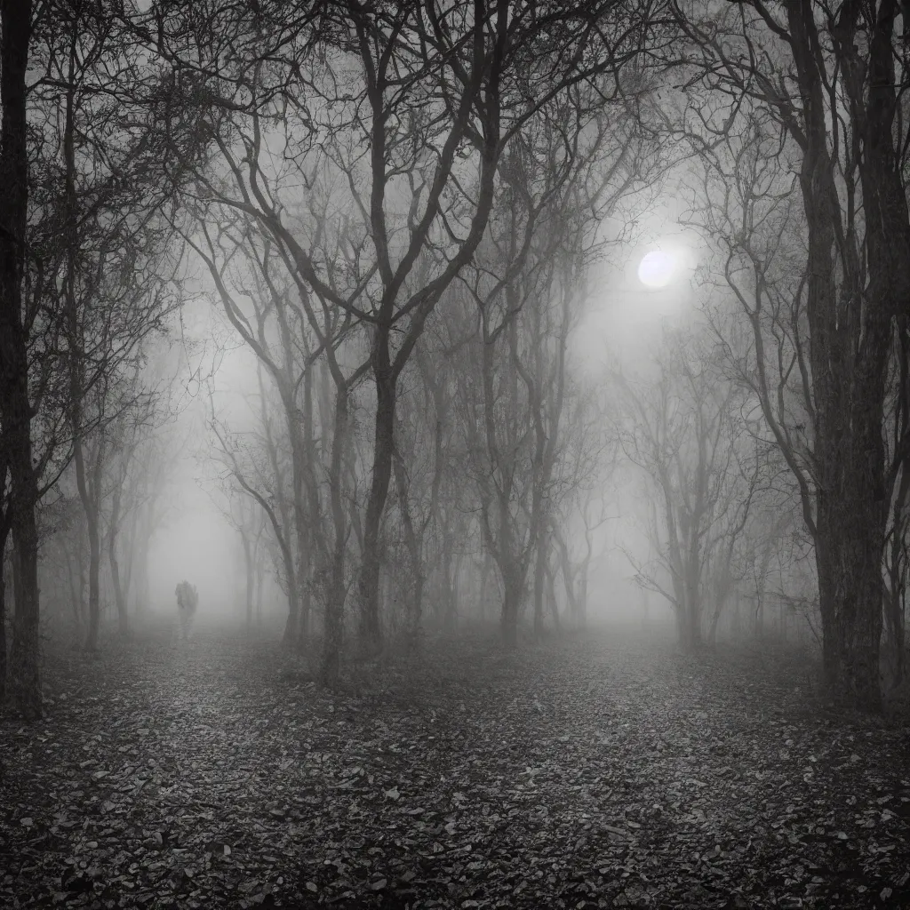 Image similar to path made of skulls, fog, moonlight, scary humanoid standing in the middle